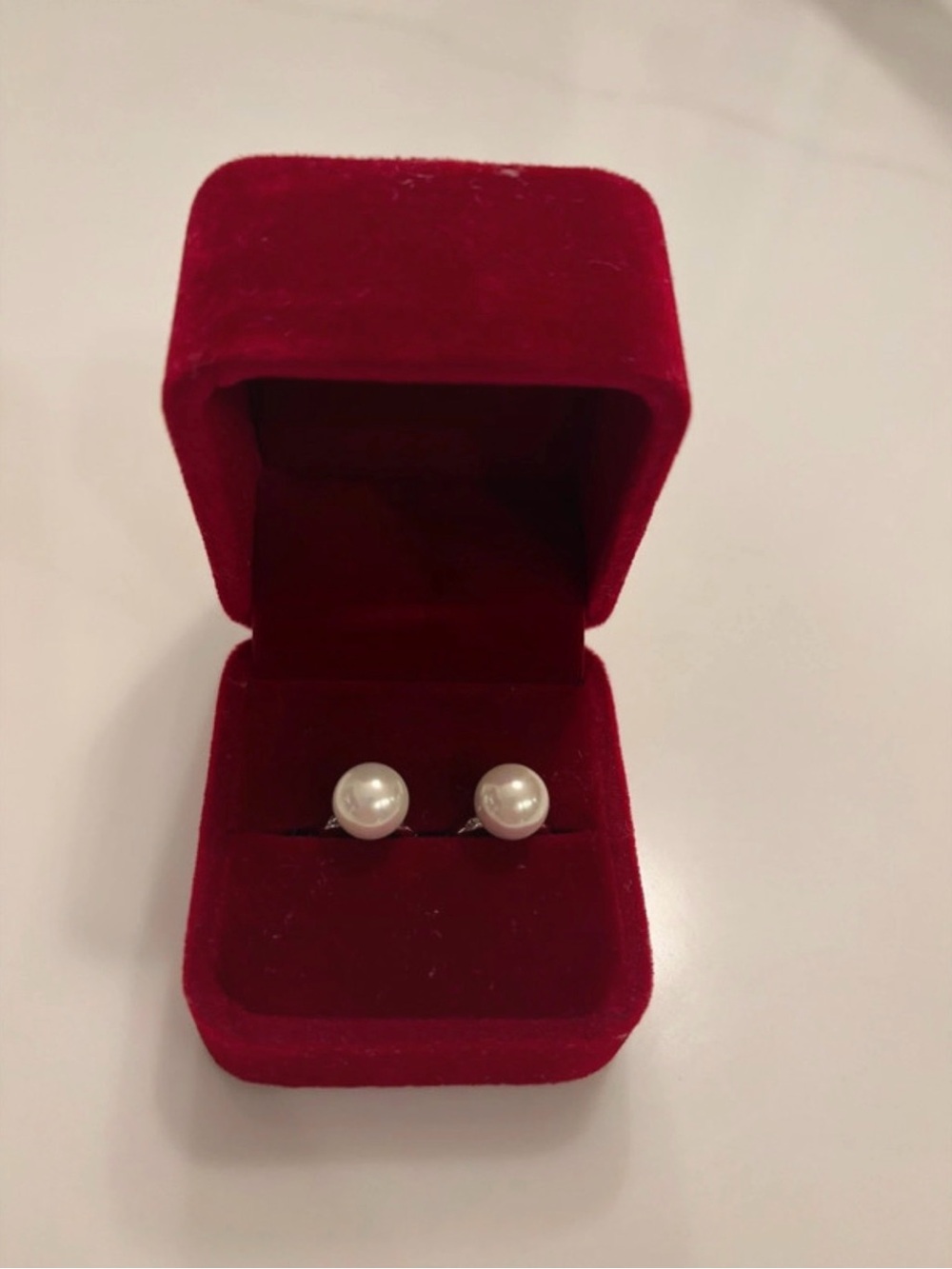 Silver Tone Huggie Hoop Earrings with White Pearl Drops
